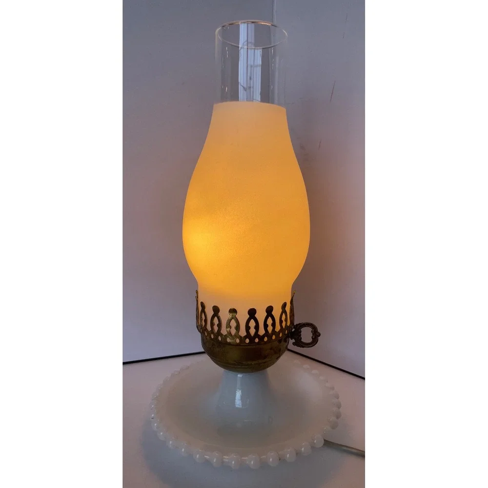 Vintage Hobnail Milk Glass Hurricane Lamp Frosted Chimney Brass Crown Gallery